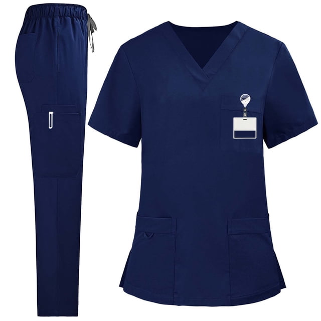 Women's Solid Color Loose Drawstring Pants Pocket Caregiver Short Sleeve V-Neck Top Nurse Uniform Set