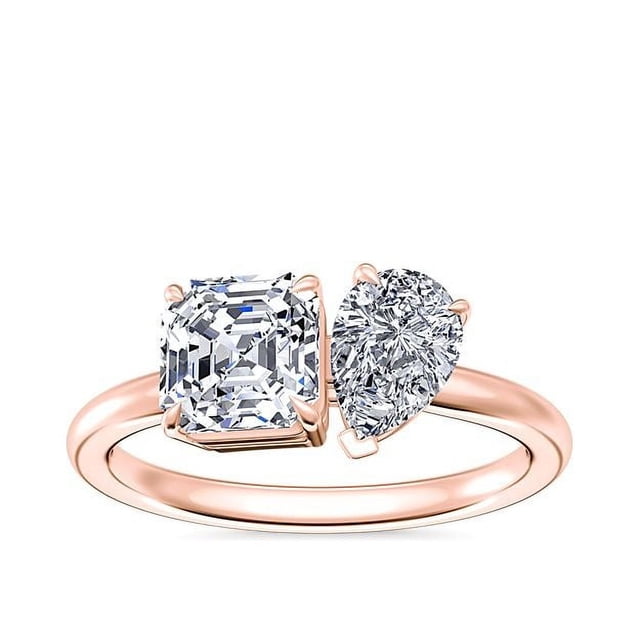 1.00 Carat Excellent Asscher & Pear Cut Real Diamond Latest Design Two Stone Ring for Ladies Solid 14K Rose Gold Size 7.5