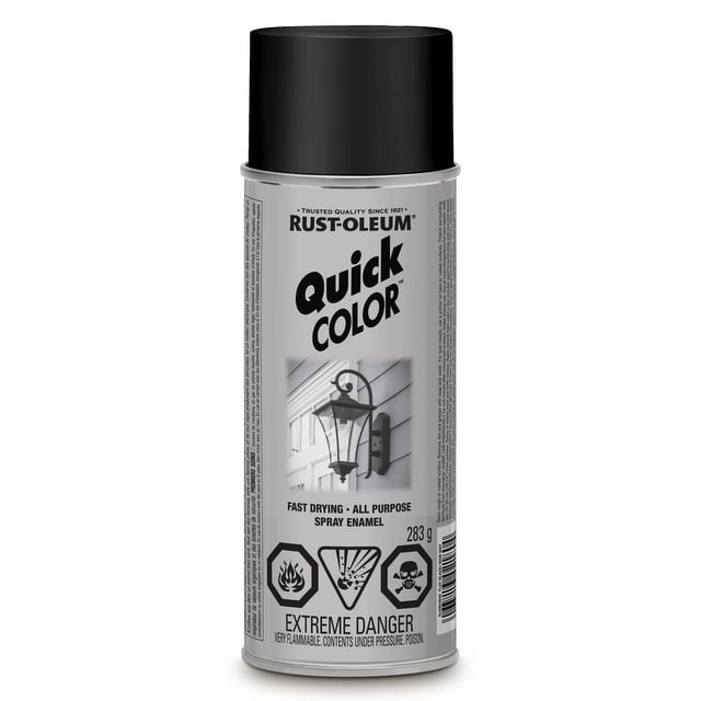 Rust-Oleum Specialty Flat Black Quick Color Spray can with black cap, 283 g fast drying all-purpose spray enamel for spray paint projects, featuring front label with safety warnings and image of an outdoor lantern on siding.