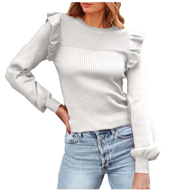 MESSUEN Chandail à Col Rond pour Femmes Hauts à Volants pour Femmes Chandails à Enfiler Hauts d'Été pour Femmes Chemisiers Habillés Basiques pour Femmes Chandails à Enfiler pour Femmes Blanc TG