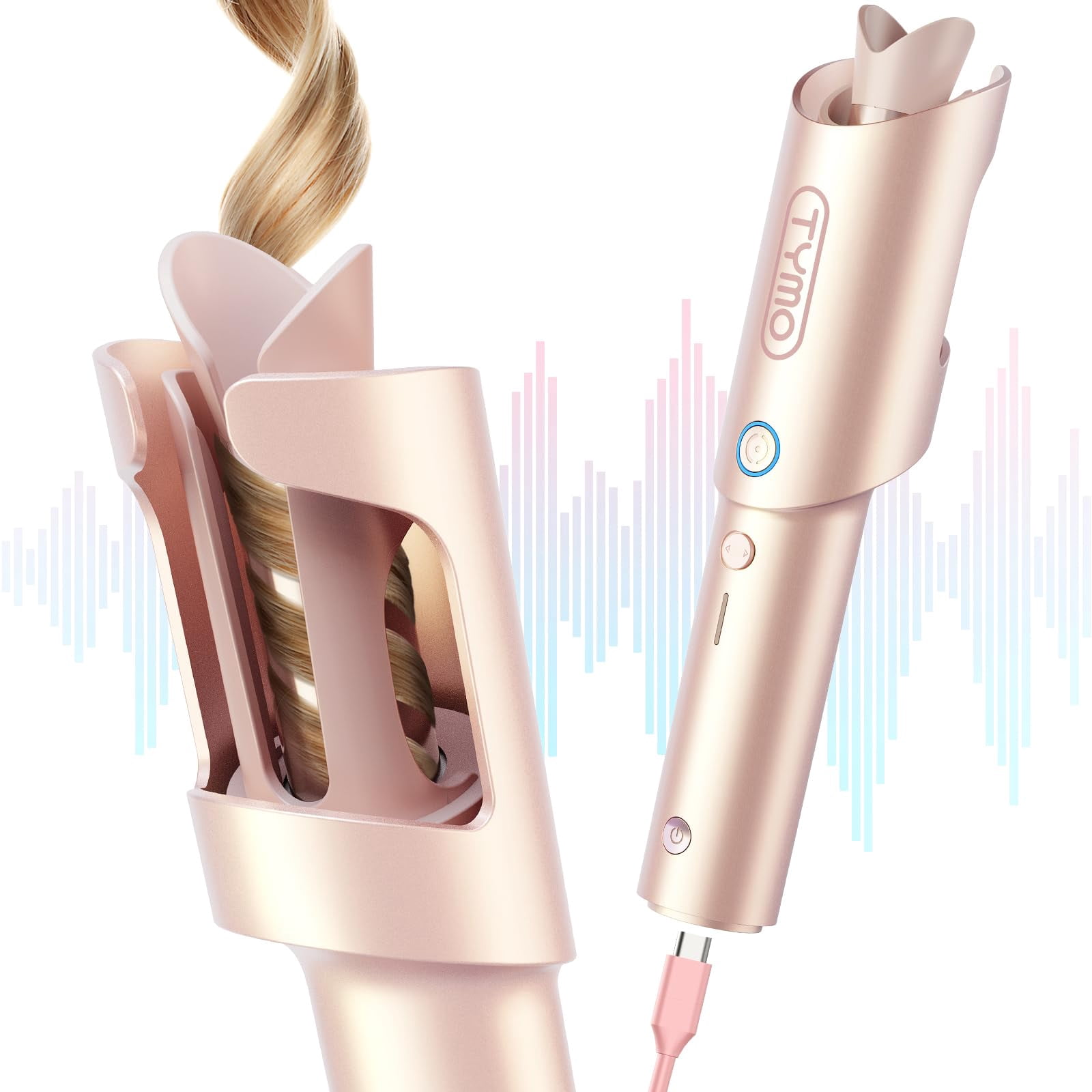 TYMO Cordless Automatic Curling Iron - TYMO CurlGo 1 Inch Beach Waves Rotating Curling Wand Dual Voltage & Rechargeable Portable Hair Curler for Travel Safe & Tangle-Free Gold Blush