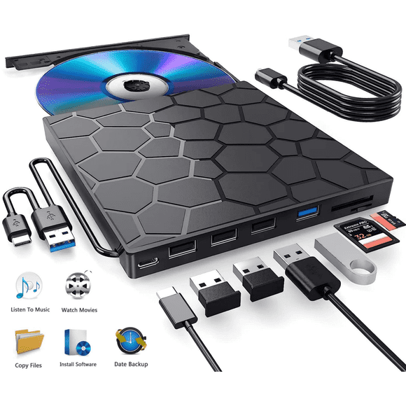 External CD/DVD Drive for Laptop, DVD Player for Laptop, 8 in 1 USB 3.0 Ultra-Slim Portable, CD Burner External Disk Drive Optical Compatible with Laptop Desktop Mac,Windows 11/10/8/7 Linux
