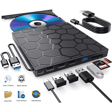 Lecteur CD/DVD Externe pour Ordinateur Portable, Lecteur DVD pour Ordinateur Portable, 8 en 1 USB 3.0 Ultra Mince Portable, Graveur de CD Lecteur de Disque Externe Optique Compatible avec Ordinateur Portable Ordinateur de Bureau Mac, Windows 11/10/8/7 Linux