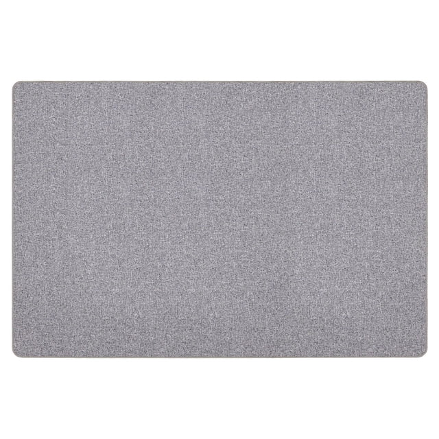 2-ft x 3-ft Wicklow Grey Woven Mat with a solid grey flat-woven texture and rounded corners, rubber-backed to prevent slipping on hard floors, ideal as an accent rug to add warmth and texture, and easy to clean with a damp cloth.