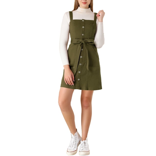INSPIRE CHIC Robe en Denim pour Femme Printemps Été à Bretelles Ajustables Coupe Évasée Vert Armée 2TG