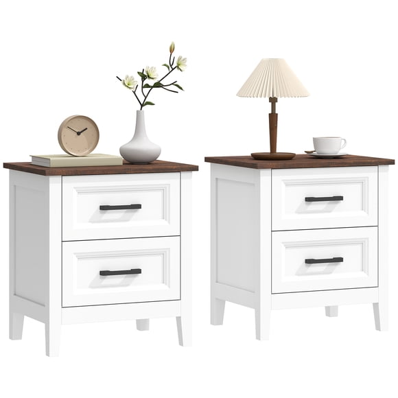 HOMCOM Ensemble de 2 Tables de Chevet Style Ferme, Tables de Chevet avec 2 Tiroirs, Blanc