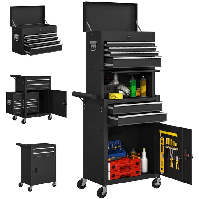 HOMCOM Armoire à Outils avec 6 Tiroirs, Coffre à Outils Roulant 3-en-1 avec Roues. solution de Rangement d'Outils en Acier Noir avec six Tiroirs à Roulements à Billes avec Doublures en EVA, Deux Armoires et un Panneau Perforé Latéral pour un Rangement d'Outils Organisé. Comprend une Conception Détachable pour la Portabilité, un Système de Verrouillage Intégré et Quatre Roulettes pour la Mobilité. Idéal pour les garages, les Ateliers et les Ateliers de Réparation Automobile.
