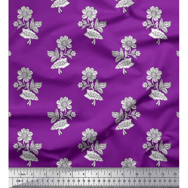 Soimoi Poly Georgette Fabric Leaves & Floral Block Printed Fabric 1 Yard 42 Inch Wide