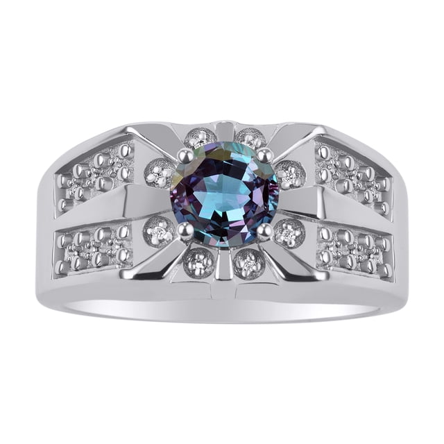 RYLOS Men's Rings Sterling Silver Designer Starburst 7MM Round Gemstone & Diamond Ring Alexandrite June Birthstone Size 11