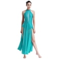 thumbnail image 3 of YiZYiF Robe de Performance de Danse Lyrique Longue pour Femmes, Dos Croisé Fendu, Danse de Salon Moderne, Bleu Vert, P, 3 of 7