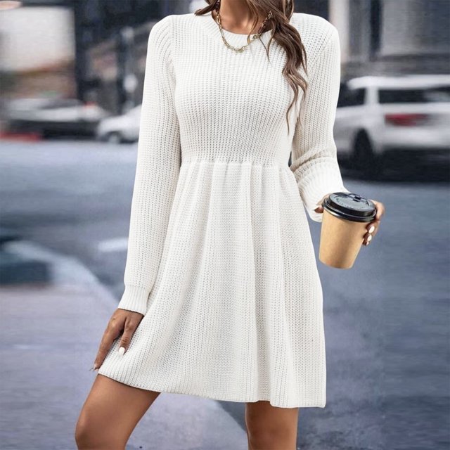 Gspmoly Robes pour Femmes, Robe Chandail à Manches Longues et Col Rond Unie pour Femmes, Robe Chandail Longueur Genou, Robes de Vacances pour Femmes Offres du Jour