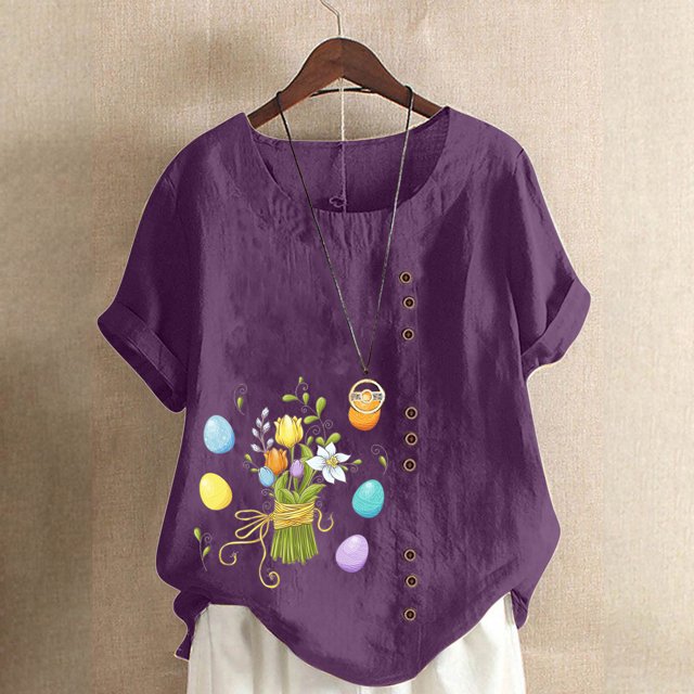 EGNMCR Shirts T - de Pâques pour Femmes T-Shirts Imprimé de Pâques T-Shirt d'Été Oversize Décontracté à Col Rond à Manches Courtes à Imprimé Floral Chemise Ample Hauts Femmes T-Shirts