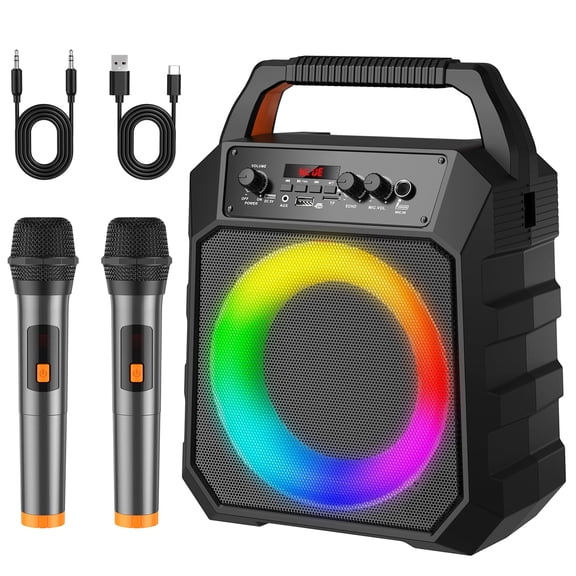 Karaoke Machine pour Adultes et Enfants, Haut-Parleur de Karaoké avec 2 Microphones, Haut-Parleur Bluetooth Portable avec Lumières DJ pour Fête, Prise en Charge USB