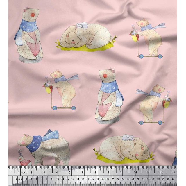 Soimoi Cotton Cambric Fabric Cycle,Rabbit & Bear Kids Print Fabric by the Yard 42 Inch Wide