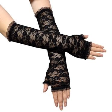 JFGHDG Manchons de Bras en Maille Gants en Dentelle Gants Sans Doigts en Dentelle Chauffe-Bras Gants Punk Gants à Thé pour Femmes Gants pour le Coude Gants en Satin Noir Taille Unique