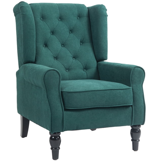 HOMCOM Button-Tufted Accent Chair with Wing Back Rounded Arms in dark green. Features a high button-tufted back, rolled arms, and a thick padded seat for comfort. Made with a wood frame, eucalyptus legs, and non-slip footpads for stability. Suitable for living rooms, bedrooms, or offices.