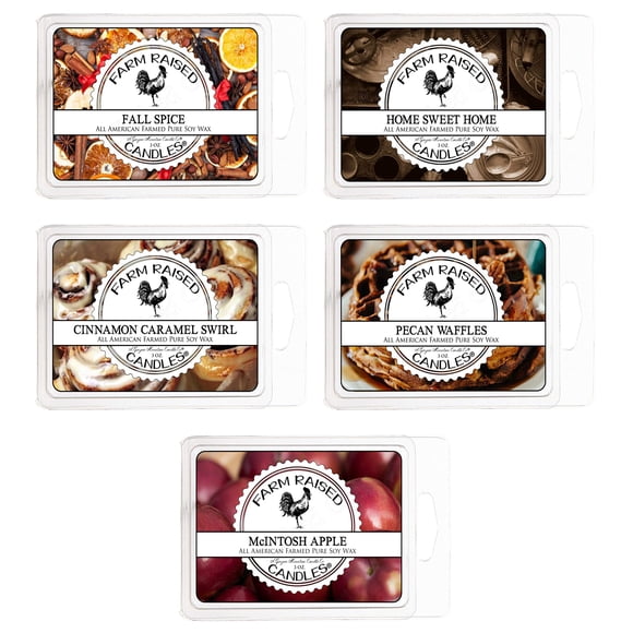 Fall Spice Wax Melts - 5 Pack Variety - Farm Raised Candles - 100% USA Made - Plant Based Soy - Warmer Cubes. Cinnamon Carmel, Pecan Waffles, McIntosh Apple.