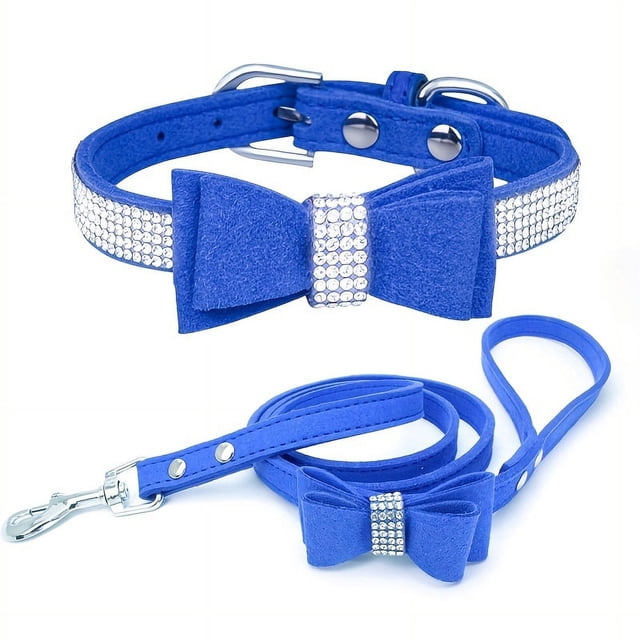 CNKOO 2pcs Sparkling Rhinestone Dog Collar & Leash Set for Small & Medium Dogs Cute Bow Tie Collar with Escape-Proof Rope