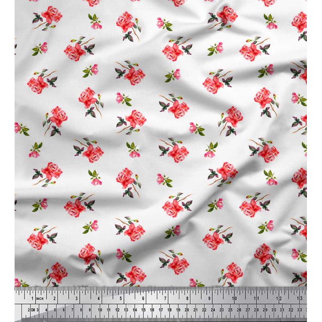 Soimoi Modal Satin Fabric Leaves & Rose Floral Print Fabric by Yard 42 Inch Wide