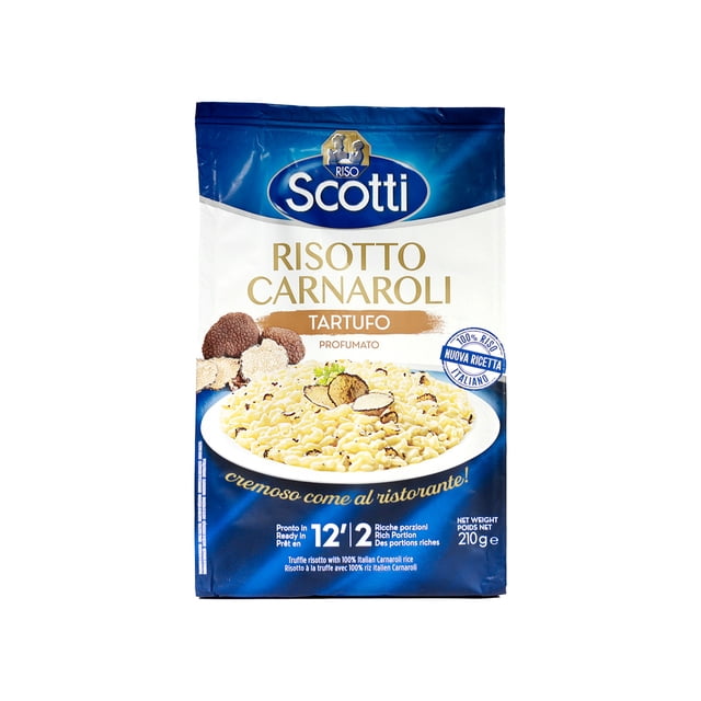 Scotti Risotto Truffle 210g package featuring Italian Carnaroli rice instant meal, gluten-free and preservative-free, with creamy truffle-flavored risotto shown on a plate, suitable as a quick rice side dish made with natural ingredients.