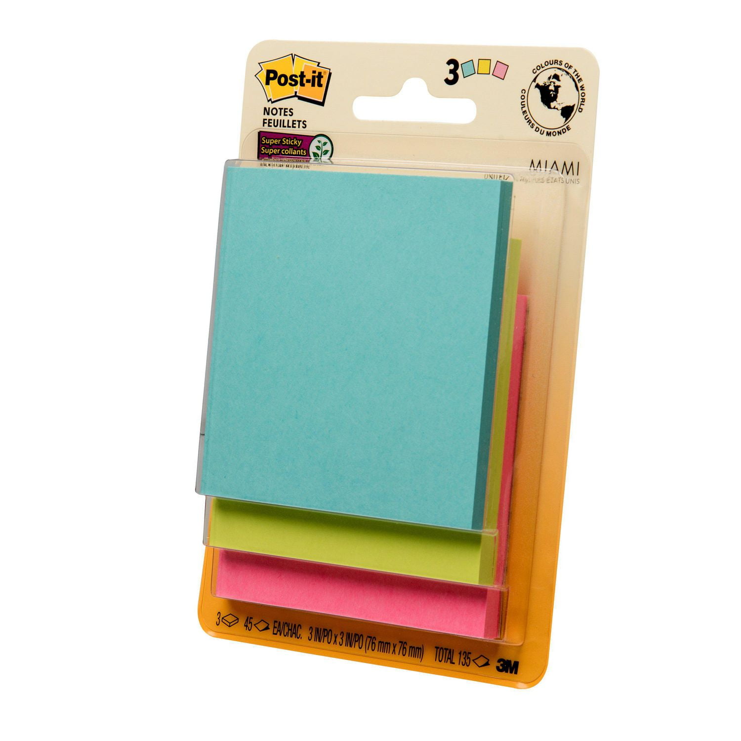 Feuillets super collants Post-it®, collection Miami, 7,6 cm x 7,6 cm (3 po x 3 po)