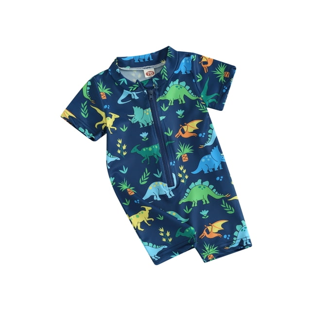 Wangsaura Toddler Baby Boy Rash Guard Swimsuit Cute Print Short Sleeve Zip Front Bathing Suit Swimwear