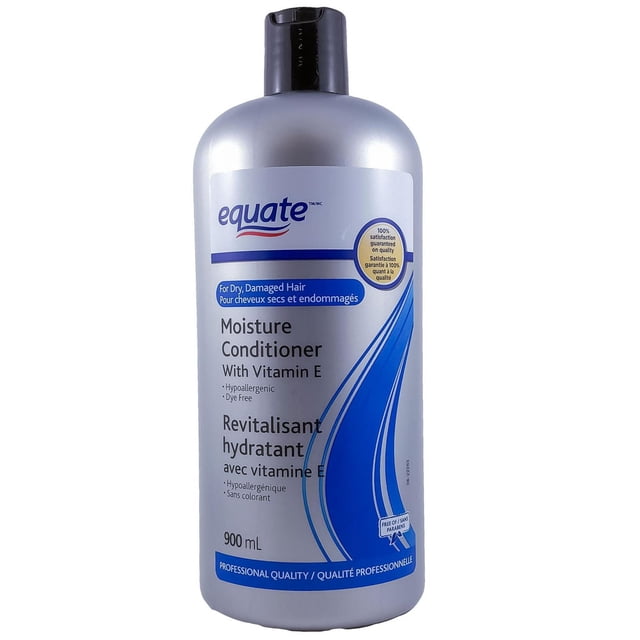 Equate Moisture Conditioner 900mL in a silver bottle with black flip-top cap, formulated for dry, damaged hair with vitamin E to hydrate and nourish, hypoallergenic and dye-free, featuring bilingual English and French text and a blue water droplet graphic, suitable for everyday use and professional quality.