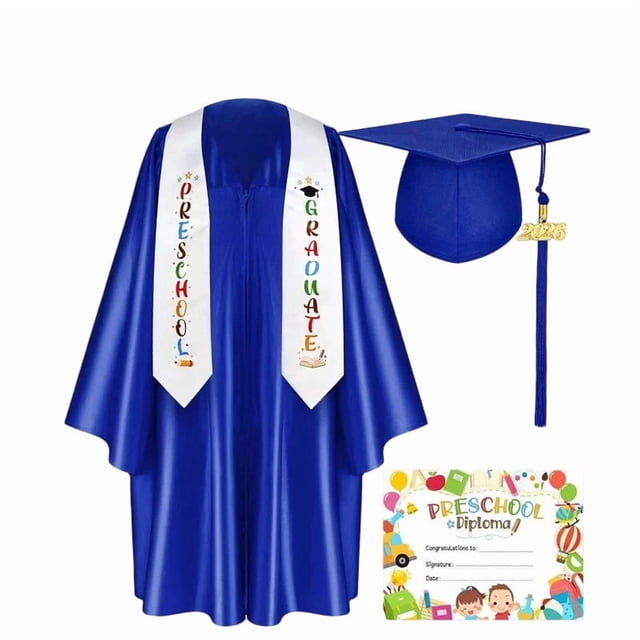 Linnome Graduation Gown Cap Set 2026 Silk Graduation Attire and Memorial Gift Set for Kindergarten Commencement Ceremony Blue#01
