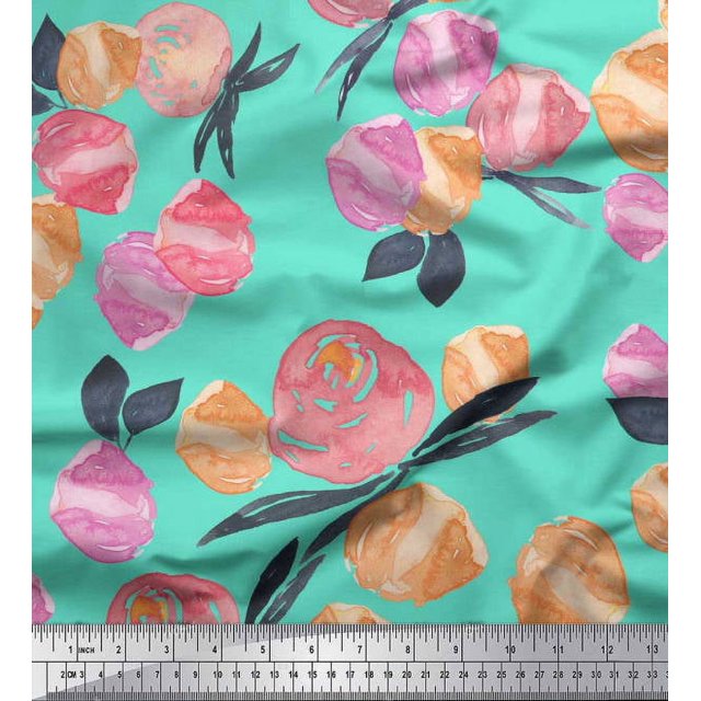 Soimoi Silk Fabric Flower & Leaves Watercolor Decor Fabric Printed Yard 42 Inch Wide