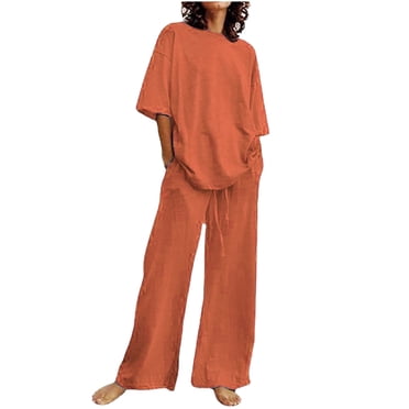 Pisexur Women's 2 Piece Outfit Cotton Linen Set for Women Short Sleeve Pullover with Drawstring Long Pants Tracksuit Jogger Set Solid Color Trousers Casual Two-Piece Suit