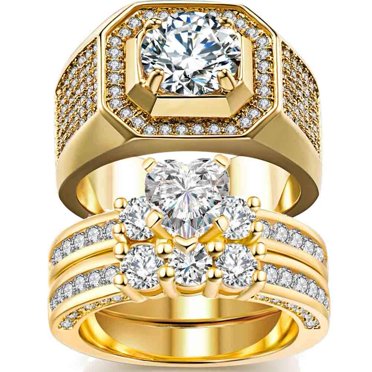 2 Bagues Lui et Elle Bagues de Couple Ensembles Nuptiaux Cœur Rempli Or Jaune Cz Ensembles de Bagues de Mariage pour Femmes Homme Alliances