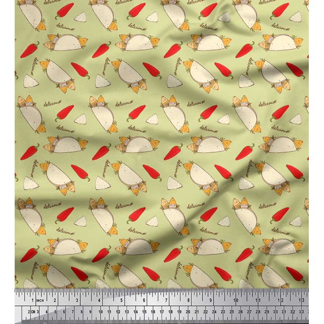Soimoi Beige polyester Crepe Fabric Red Chilli & Tacos Food Decor Fabric Printed Yard 52 Inch Wide
