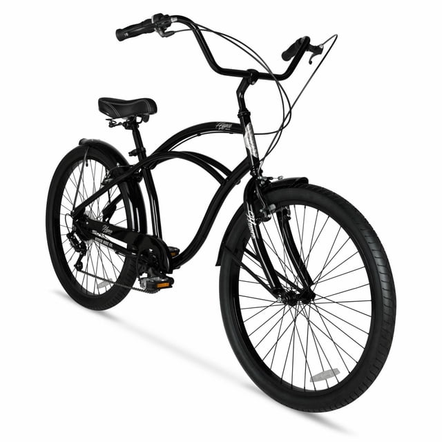 Hyper Bicycles 26" Men's Cruiser Commuter Bike in gray with a lightweight aluminum curved frame, wide upright cruiser handlebars, padded spring comfort seat, platform pedals, rear derailleur, and 7-speed twist shifters, designed for comfortable flatland commuting and casual rides.