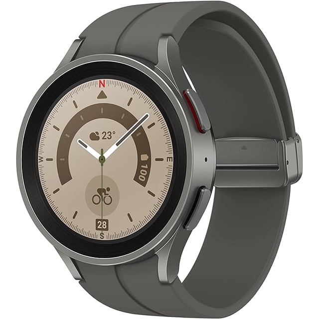 Restored Samsung Galaxy Watch5 Pro (GPS) 45mm Smartwatch with Heart Rate Monitor in like-new condition. Features a durable titanium case, sapphire crystal glass AMOLED display, and a sleek grey strap. Includes advanced health tracking such as heart rate, blood pressure, ECG monitoring, and body composition analysis. Built-in GPS with turn-by-turn navigation and a 284mAh battery for extended outdoor use. Compatible with Android 6.0 or higher, offering 16GB storage and Wear OS functionality. Lightweight and customizable design with multiple watch faces.