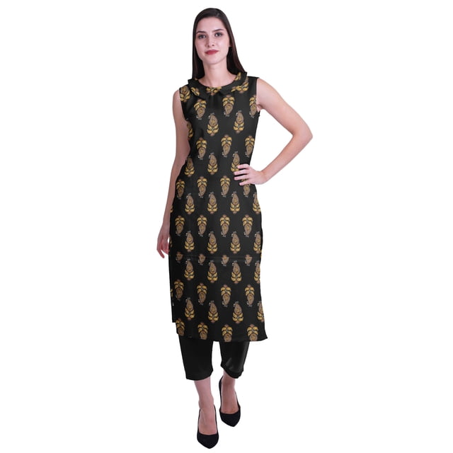 Moomaya Kurta Sans Manches à Col Peter Pan avec Pantalon Ensemble Ethnique 2 Pcs pour Femmes