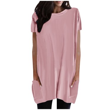 AherBiu Tuniques Longues pour Femmes à Porter avec des Leggings, Manches Courtes, Col Ras du Cou, Haut Confortable, T-Shirts avec Poches