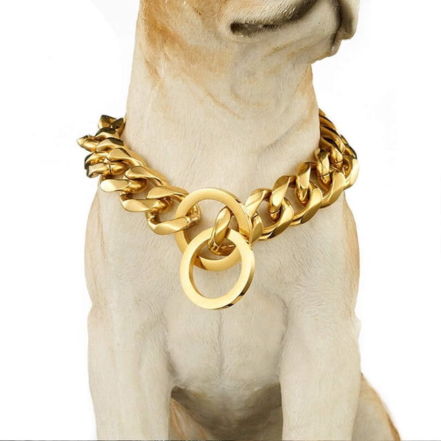 GHSDFBB 18K Gold Dog Collar, a choke Cuban dog chain made of 316L stainless steel with gold plating, shown on a dog. The collar is 0.6 inches wide and adjustable between 12-26 inches, designed for training purposes with a sliding and shrinking mechanism. Suitable as a dog training collar.