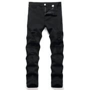 FcBaudy Full Length Pants Jeans Men's Ripped Jeans Zipper Straight Barrel Wash Elastic Trend Outdoors Denim Trousers Men Denim Pants