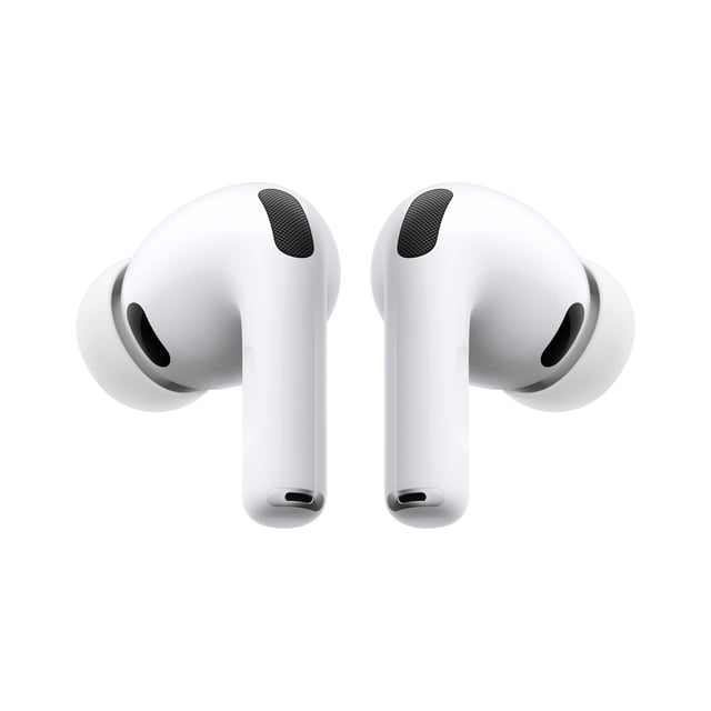 AIRPODS PRO 3 Écouteurs Véritablement Sans Fil Blancs Orientés vers l'Avant avec grilles de Haut-Parleurs en Maille Noire et Embouts Intra-Auriculaires en silicone, Offrant une Suppression active Avancée du Bruit et une Détection de la Fréquence Cardiaque, Idéals pour un audio Immersif et un Suivi de la Condition Physique.