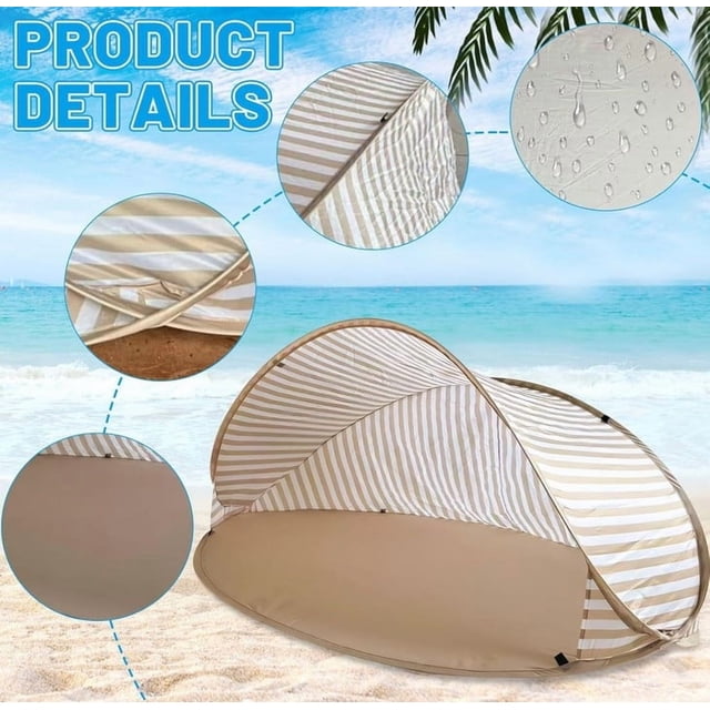 EQWLJWE Portable Beach Tent Shelter with a pop-up design for easy setup, shown on a sandy beach with a striped beige and white pattern. Features include UV protection up to UPF 50+, a rear mesh window for ventilation, and a spacious interior suitable for 2-3 people. The tent is lightweight, foldable, and comes with a carry bag for portability. Ideal for beach outings, parks, and camping.