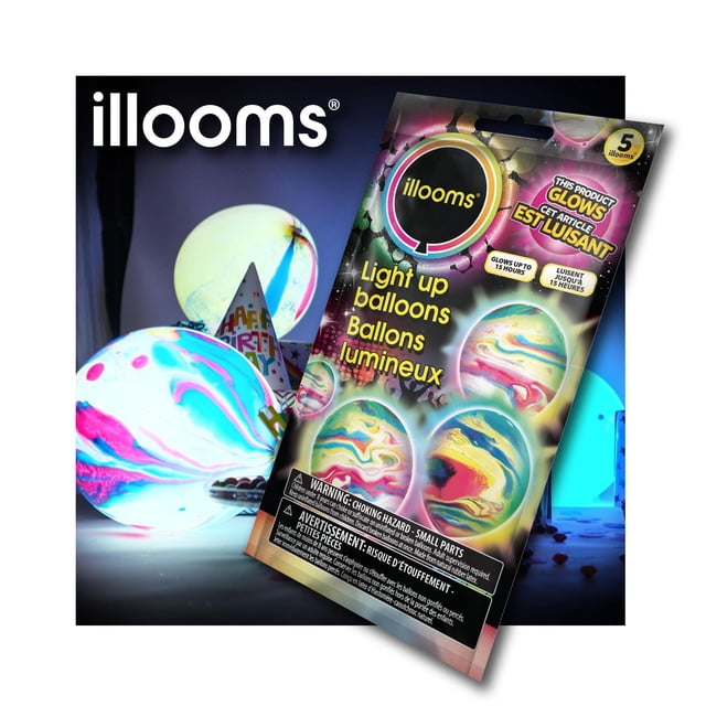 Illooms Marble LED Light Up Balloons pack of five colorful marble-patterned latex balloons with integrated LEDs glowing up to 15 hours, displayed with illuminated balloons and a birthday party hat, suitable for birthday party decorations and celebrations.