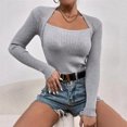 thumbnail image 2 of CEHVOM Femmes Ajusté Décontracté Uni Manches Longues Col Carré Chemises de Base Blouses Chaudes Hauts, 2 of 8
