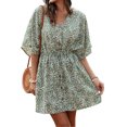 thumbnail image 3 of Robe Femme Col en V Vêtements d'Été Imprimé Floral Robe à Manches Courtes Florale, Vert, S, 3 of 7