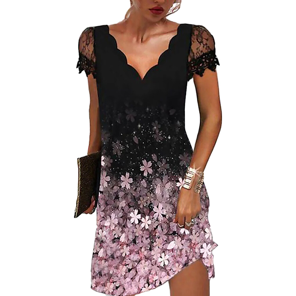 short sleeve engagement dress spellwife Printed V-Neck Women Short Casual Date Night School Summer Wedding Birthday Party Clothing Pink L Dress's Size:4XL Elitara Elegant Black And Afghan handmade reception dress Bride
