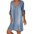 thumbnail image 1 of Robe en Denim à Manches Courtes pour Femmes, Robes Courtes à Boutons à Col en V Coupe Ample Robe d'Été en Jean Longue pour Femmes Bleu Pâle m, 1 of 7