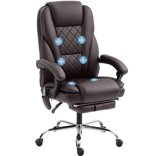 Vinsetto Massage Office Chair, Reclining Gaming Chair in dark brown PU leather with six vibration massage points highlighted on the backrest and seat. Features include a curved backrest, padded armrests, adjustable seat height, a footrest, and a 135° recline angle. Ideal as a massage chair or executive office chair, it has a chrome base with rolling PU castors suitable for various floor types.