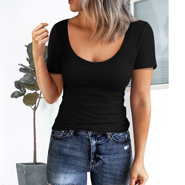 Pxiakgy t shirts for women Women Short Sleeve Scoop Neck Ribbed Fitted Knit Shirt Basic Tight TShirts Henley Solid Color Summer Tops Black L