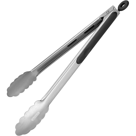 18/8 Stainless Steel Kitchen Tong: U-Taste 12 inch Heat Resistant Cooking Tong with Sturdy Metal Tips & Non Slip Silicone Handle & Smooth Locking for Serving Food Salad Grill BBQ (Black)