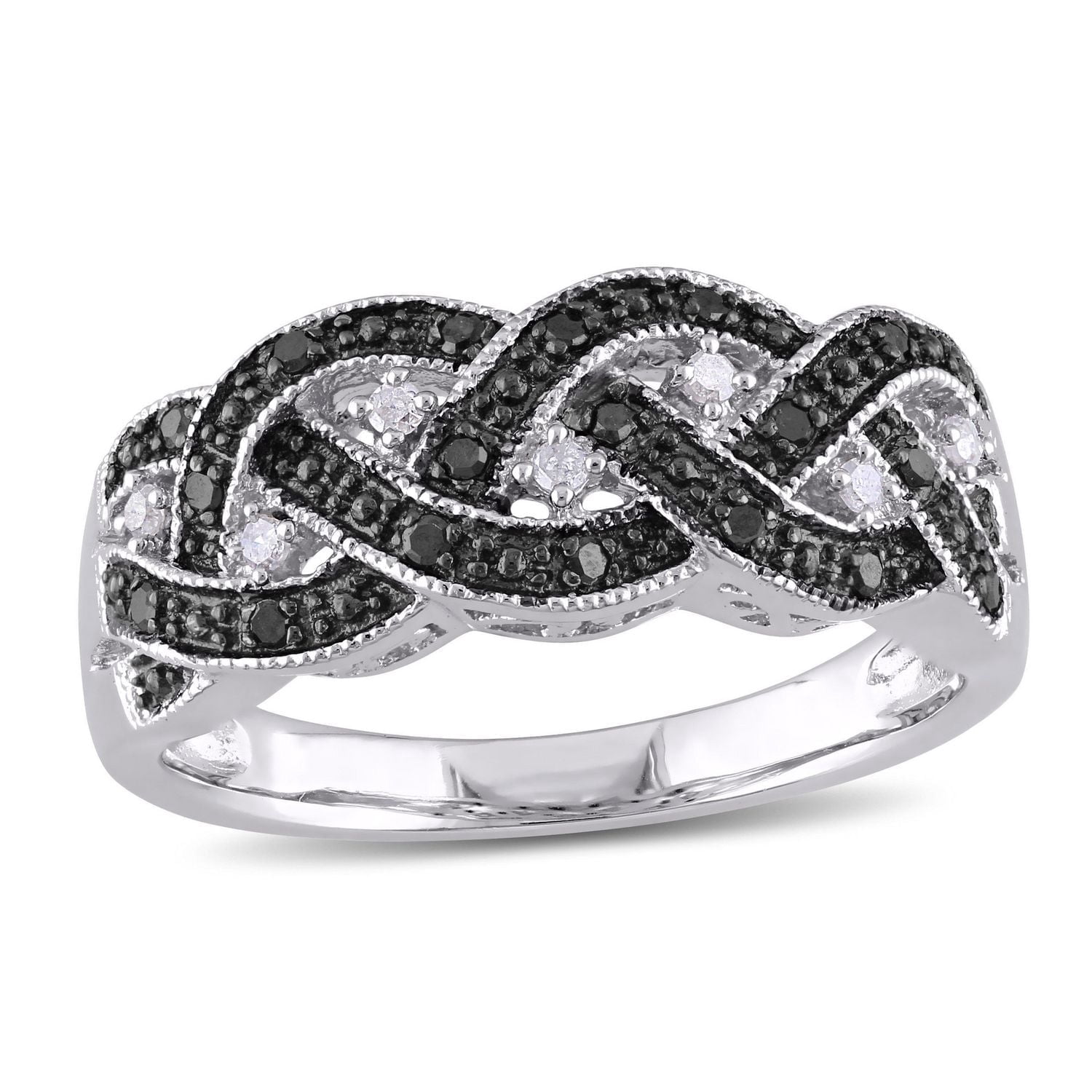 Bague tressée avec diamants noirs et blancs 0,16 ct poids total en argent sterling