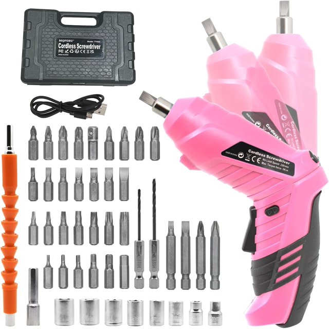 47 in 1 Cordless Screwdriver kit with a pink 3.6V rechargeable electric screwdriver featuring a dual position handle, USB charging cable, LED light, and ergonomic design. Ideal for home improvement and DIY projects, it includes 47 accessories such as screwdriver bits, socket wrenches, twist drill bits, and a flexible hex shaft, stored in a portable black storage box.